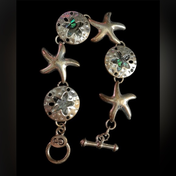 Silver Nautical Ocean Beach Abalone Shell Sand Dollar & Starfish Charm Bracelet - Picture 1 of 4